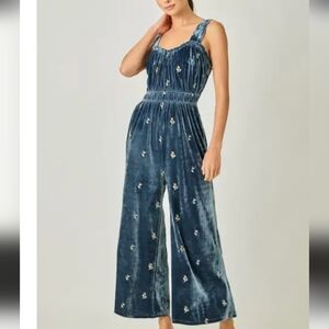 Mystree Blue Velvet Embroidered Wide-Leg Jumpsuit